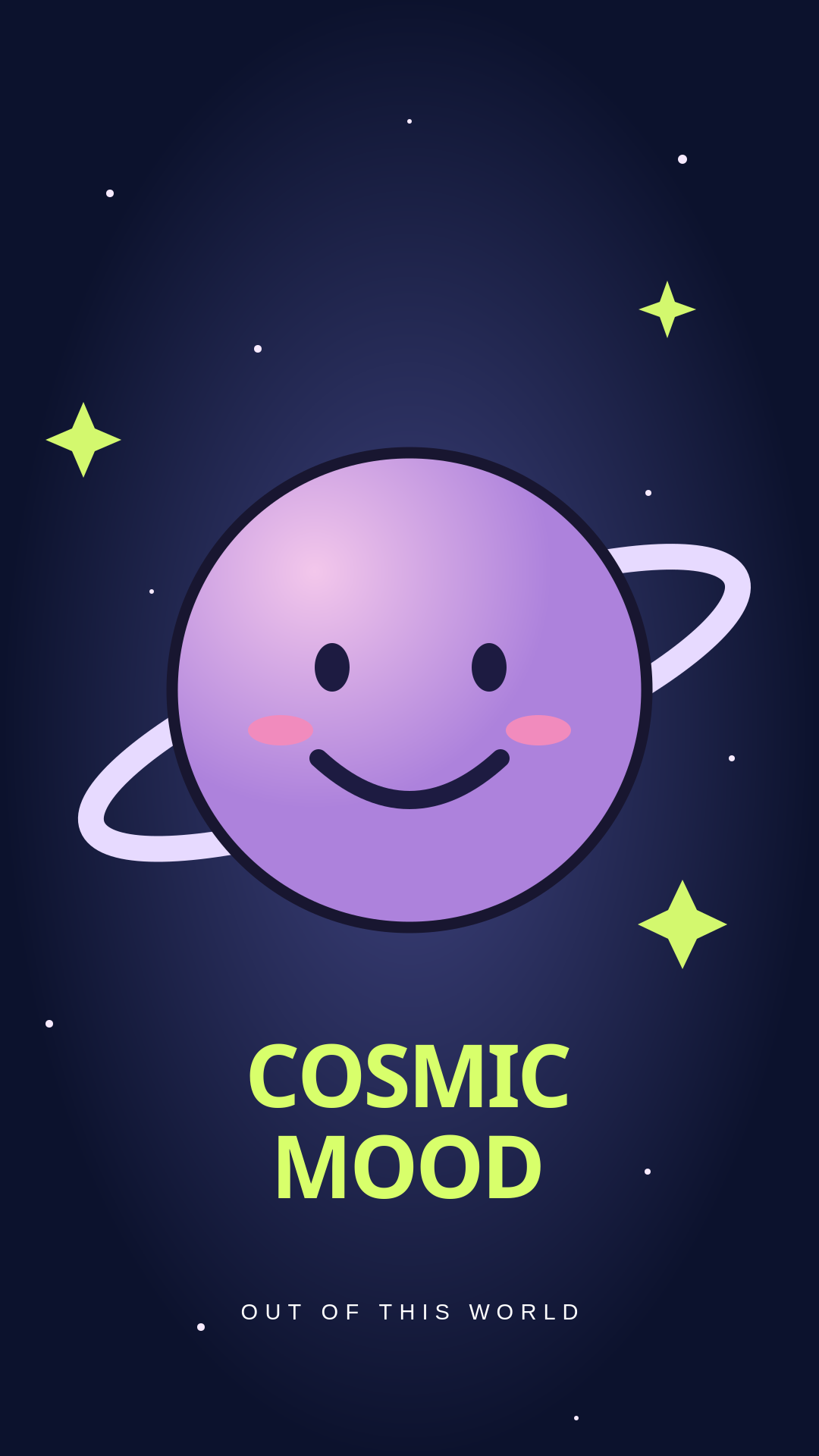 Dark blue cosmic wallpaper featuring a smiling planet and stars